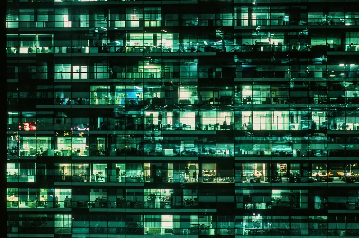 Office tower with illuminated windows at night
